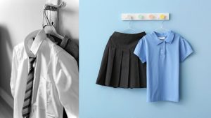 a school uniform in black and white next to a school uniform in full colour